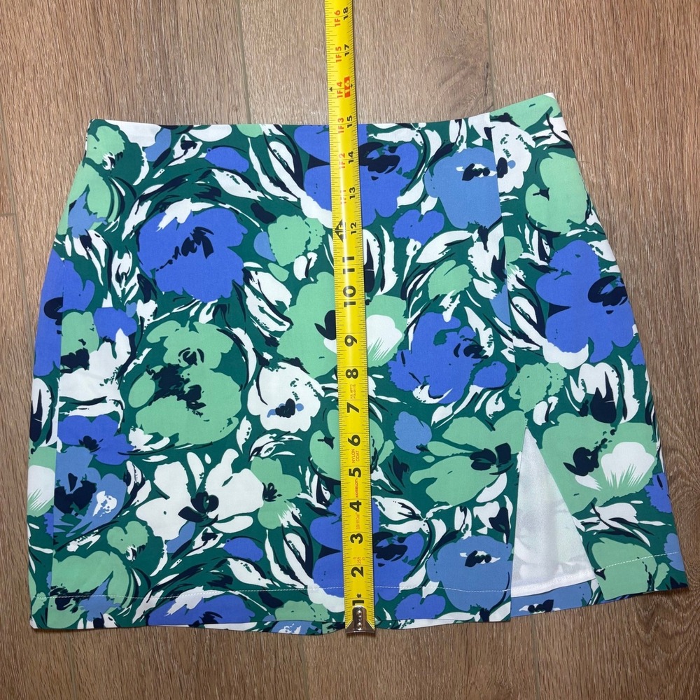 Molly Green Floral Mini Skirt Green Blue Botanical Print Side Slit Lined Size S - Picture 9 of 10